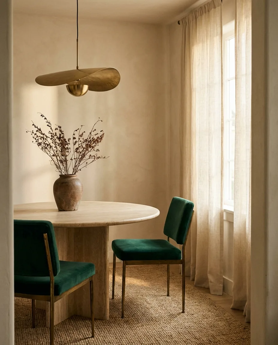 A styled interior corner with emerald chairs and a travertine table