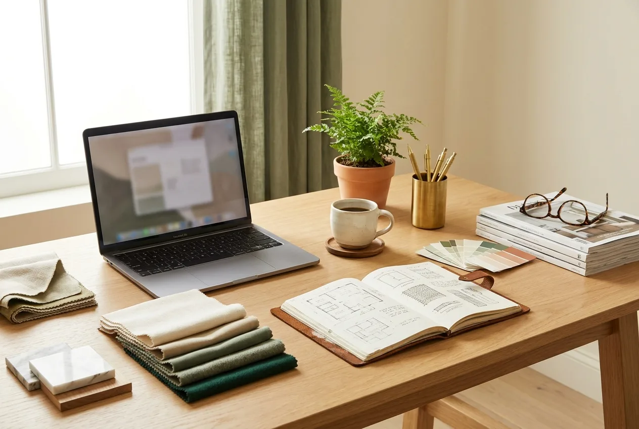 An interior designer's studio desk with a laptop, material swatches and sketches
